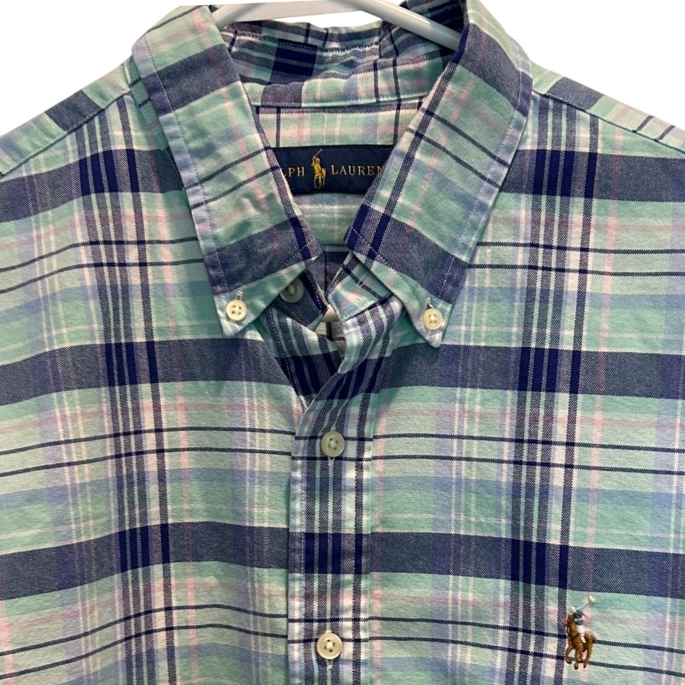Ralph Lauren Plaid Button Down Shirt Large Mens Green Blue Pink Long Sleeve Pony